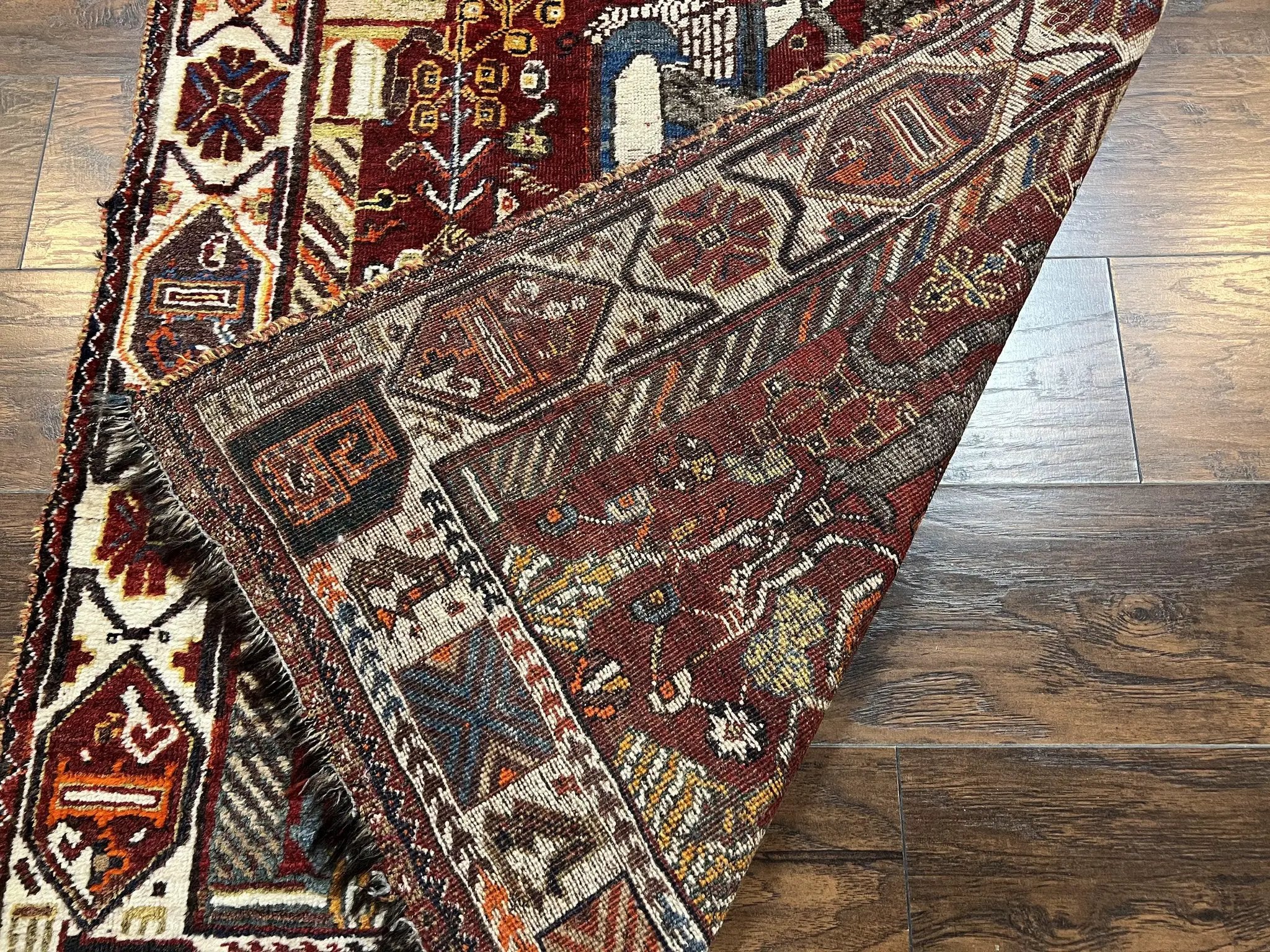 Antique Persian Shiraz Pictorial Rug 3.6 x 5, Persian Tribal Rug, Handmade, Lions, Highly Unique Collectible Small Persian Carpet, Maroon, Wool by Jewel Rugs
