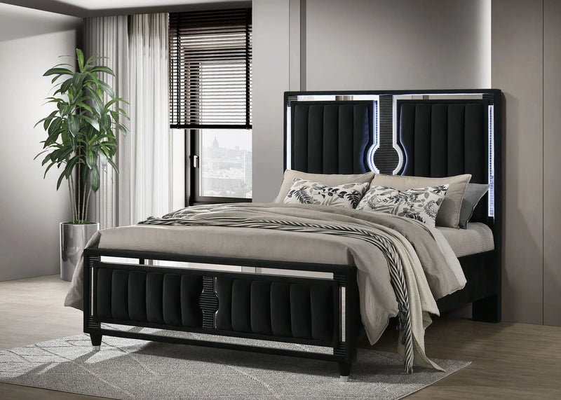Ravenne Velvet Upholstered Queen LED Panel Bed Black by Unique Piece Furniture
