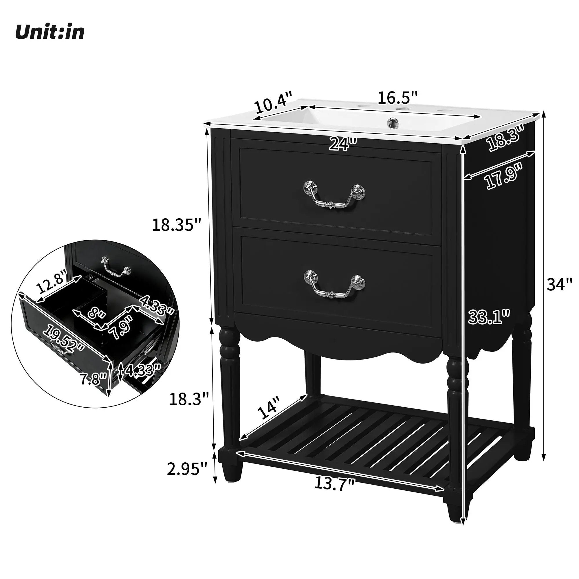 Wave Design Bathroom Vanity With Sink, 2 Drawers And Open Shelf by Unique Piece Furniture