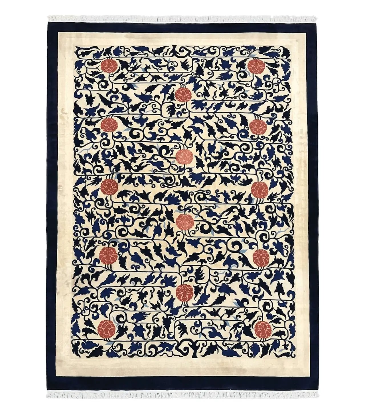 Antique Chinese Peking Rug 10x14, Beige Black, Handmade Wool Art Deco Carpet by Jewel Rugs