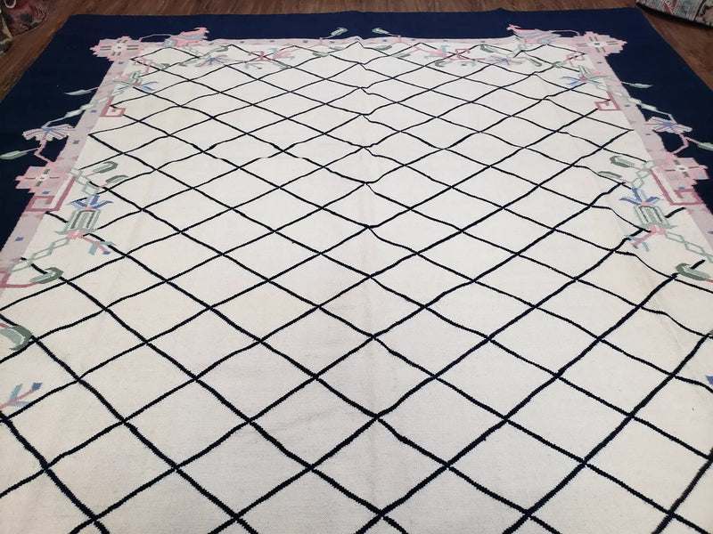 Vintage Dhurrie Rug, Indian Dhurrie 8x11 - 9x11, Wool Hand-Woven Ivory & Black Indo Carpet, Large Flat Weave Rug Living Room Rug Black White by Jewel Rugs
