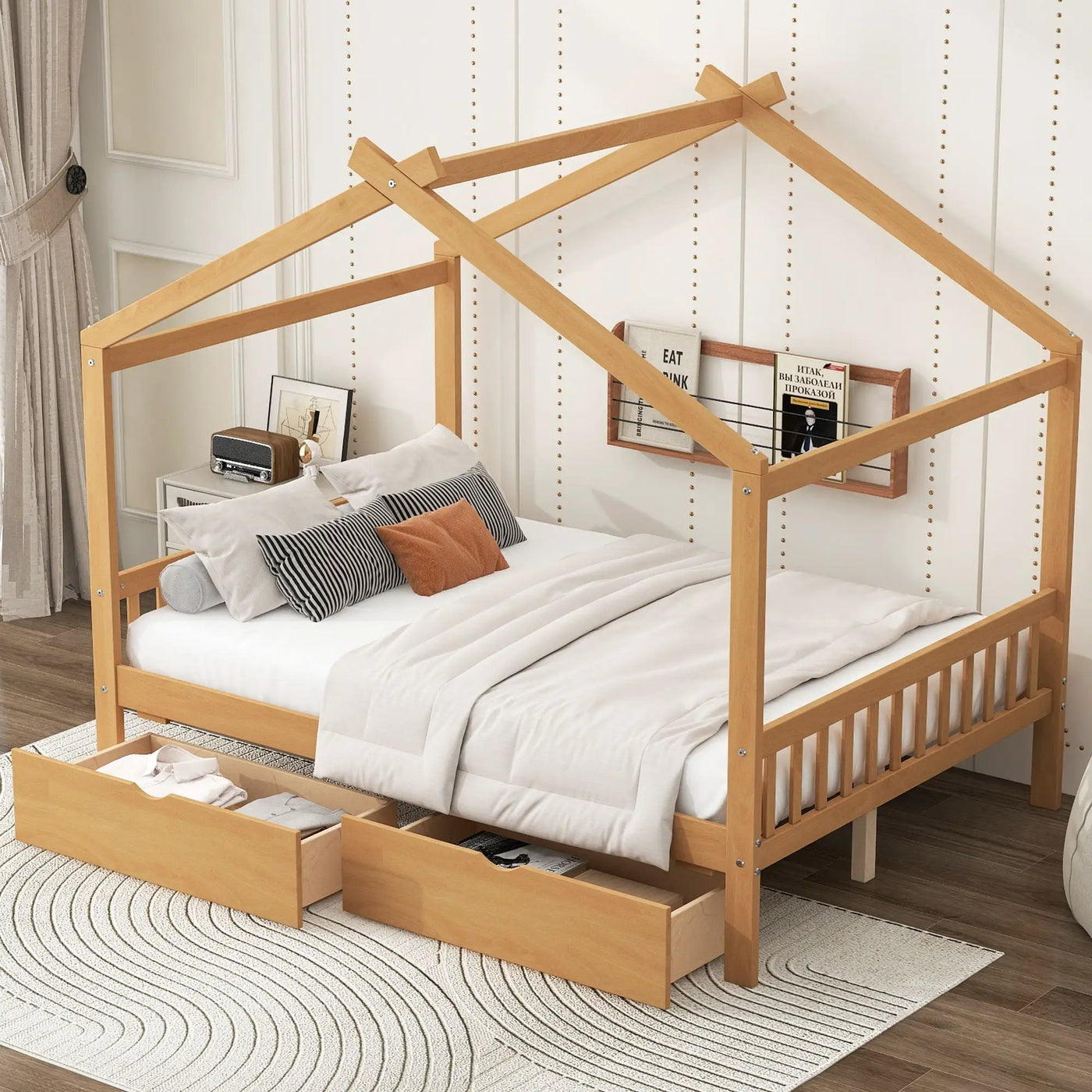 House Style Platform Bed With Headboard, Footboard, 2 Drawers, And Roof Design by HouseOfZazla