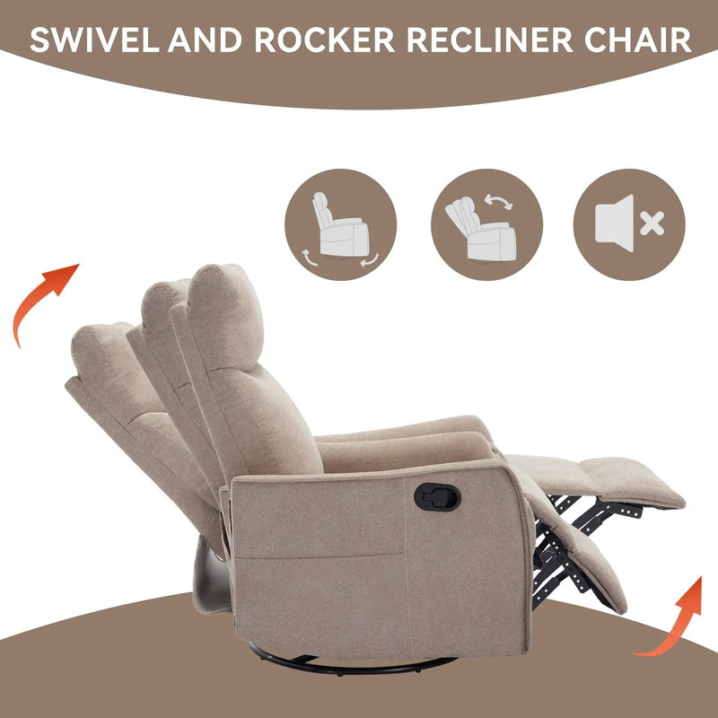Heat Massage Manual Recliner Chair with Rocker and Swivel in Fabric for Living Room, Khaki by HouseOfZazla