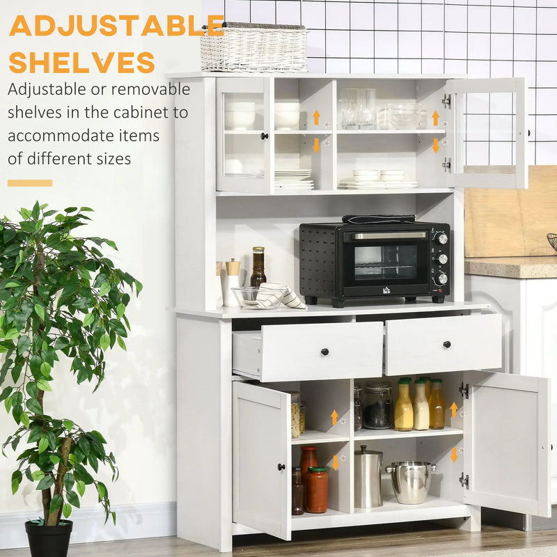 Homcom - 63.5" Kitchen Buffet With Hutch, Pantry Storage Cabinet With 4 Shelves, Drawers, Framed Glass Doors, Open Microwave Countertop - Antique White by Unique Piece Furniture