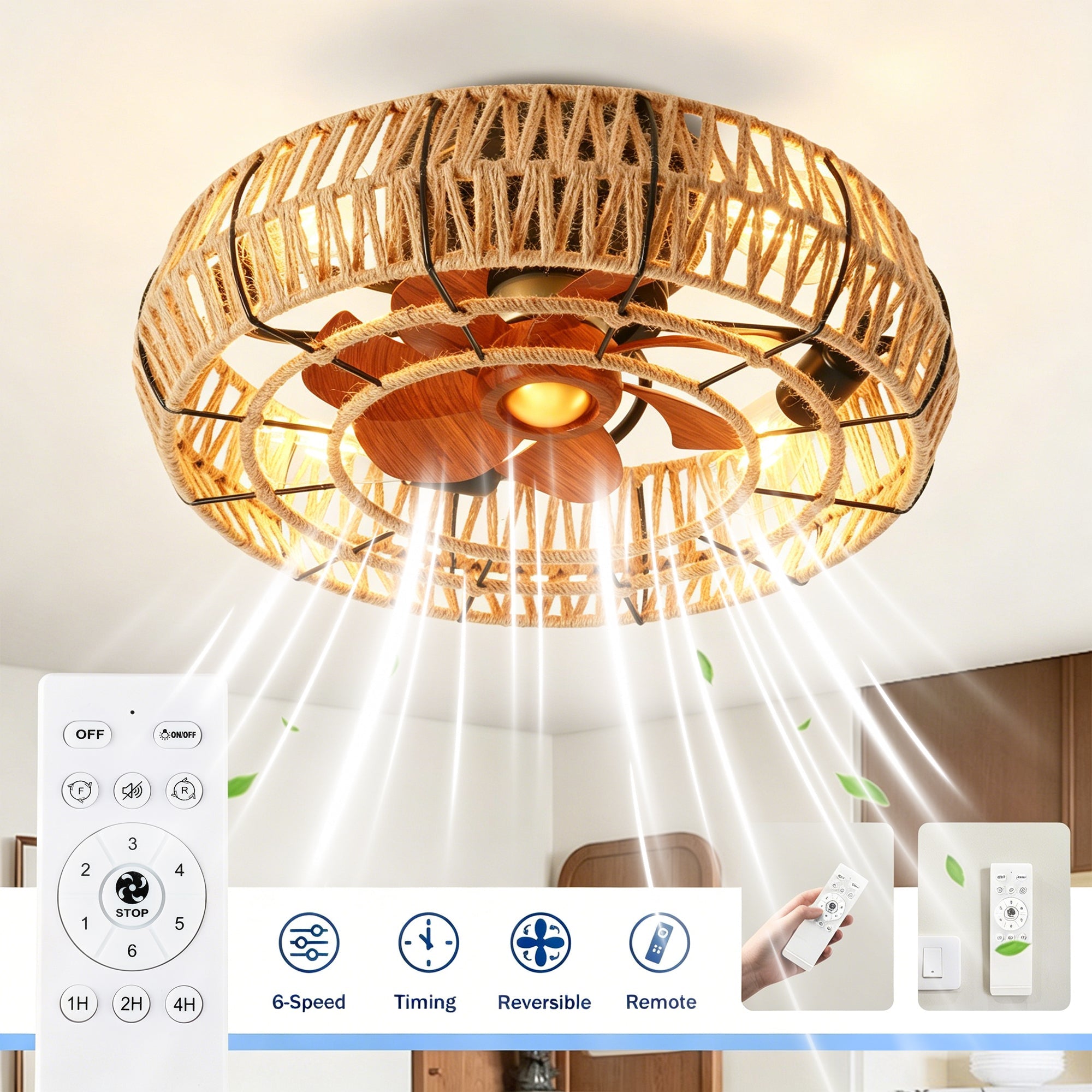 20" Rope Caged Flush Mount Ceiling Fan with Light Kit and Remote Control by HouseOfZazla