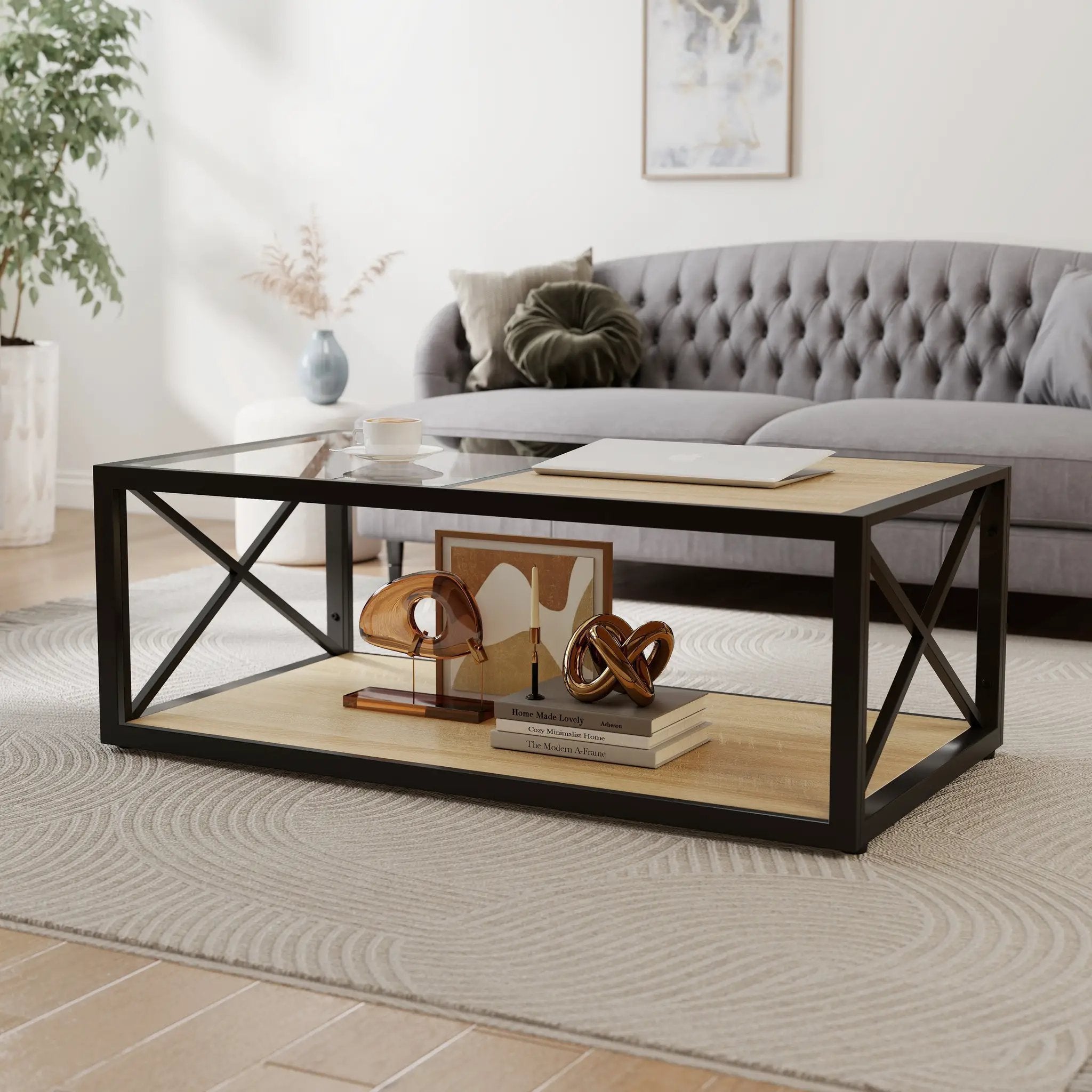 Modern Coffee Table with Tempered Glass and Natural Wood MDF Top by HouseOfZazla