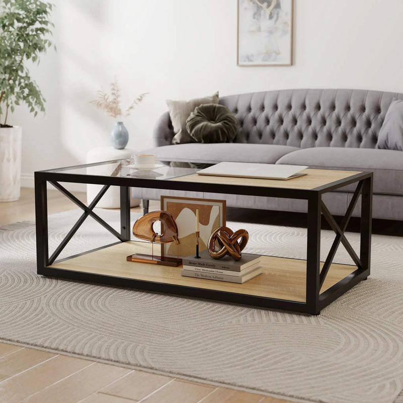 Modern Coffee Table with Tempered Glass and Natural Wood MDF Top by HouseOfZazla