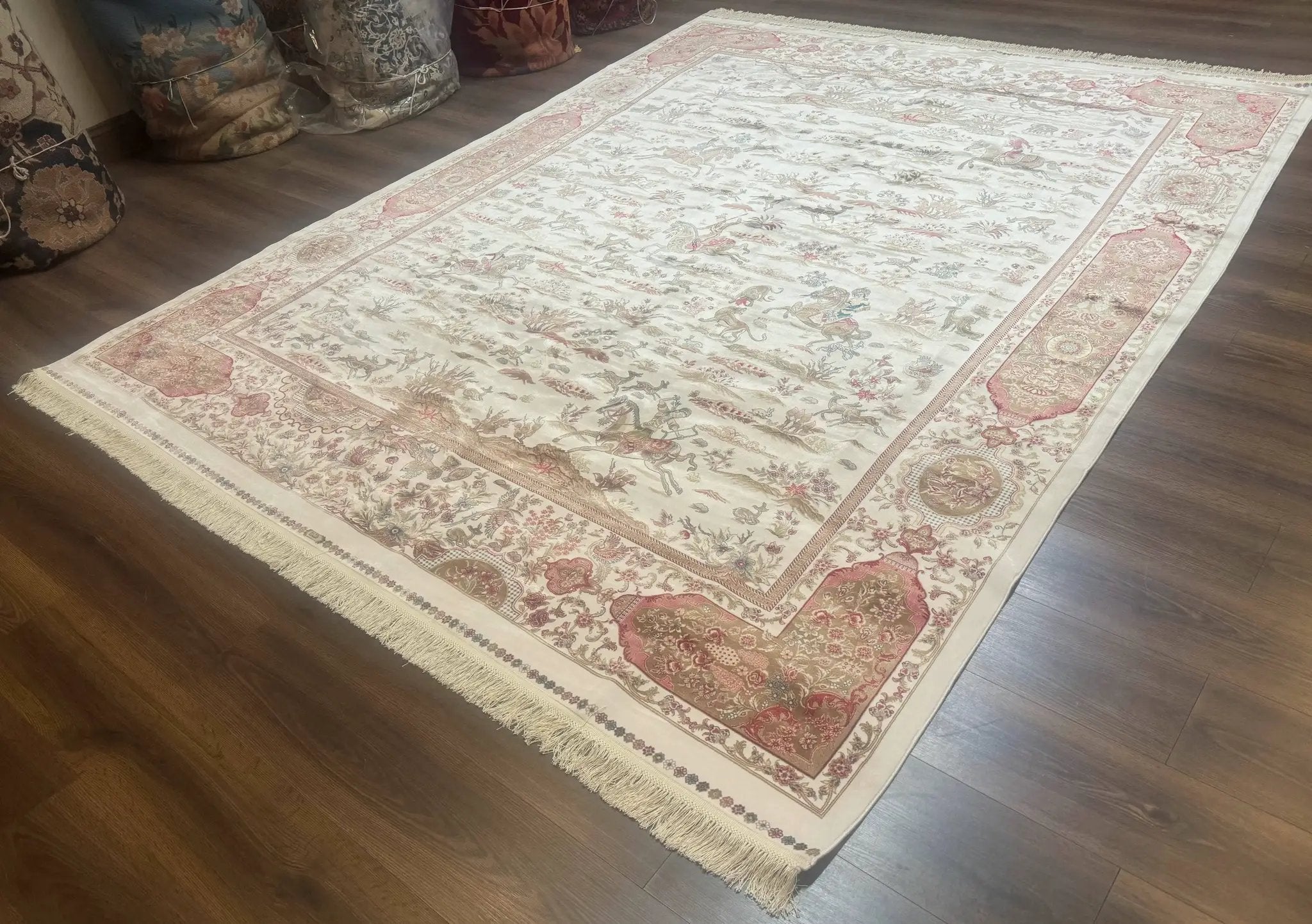 Large Turkish Silk Rug 8x10, Ivory, Hunting Design, Bamboo Silk, New by Jewel Rugs