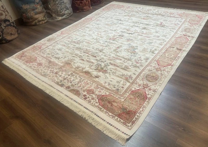 Large Turkish Silk Rug 8x10, Ivory, Hunting Design, Bamboo Silk, New by Jewel Rugs