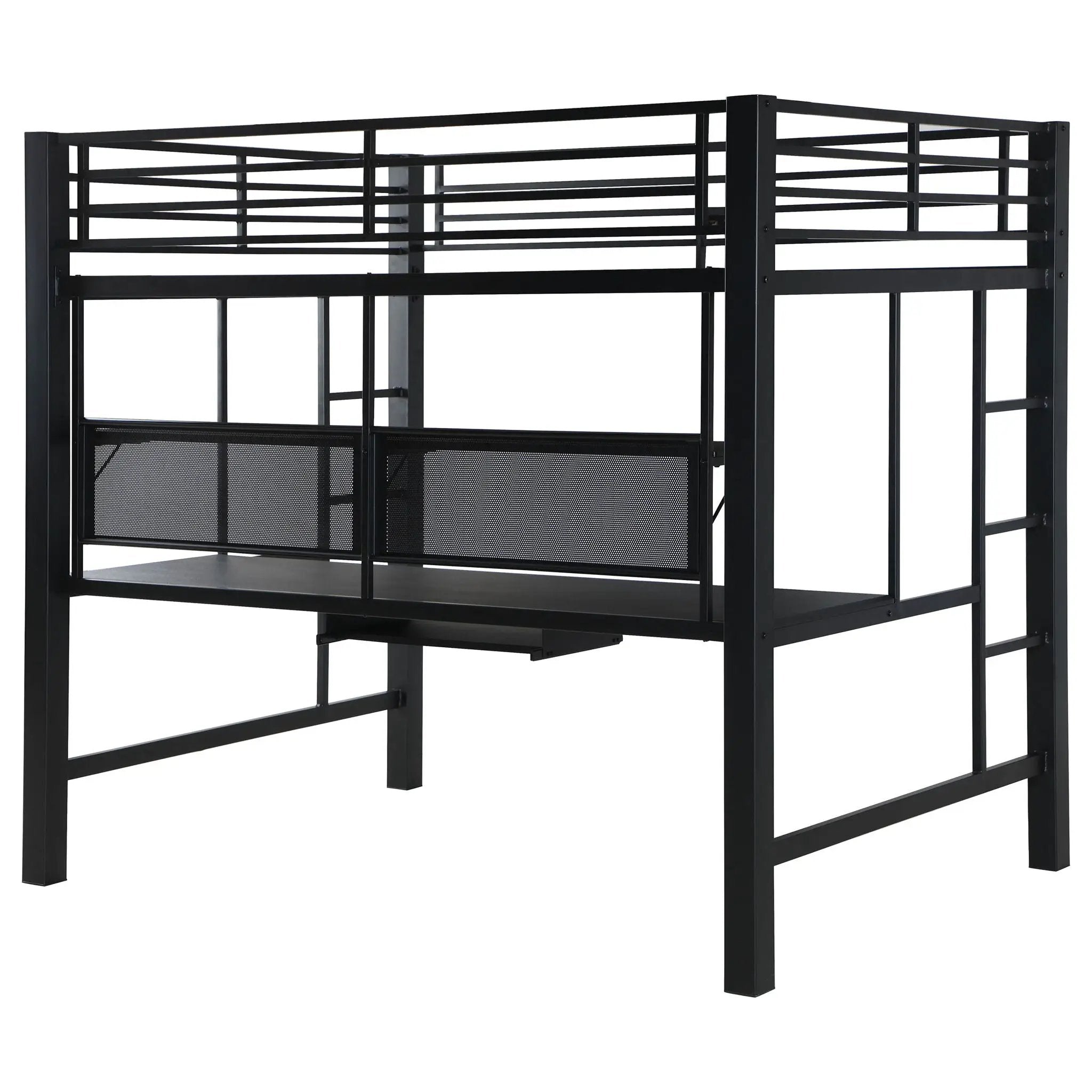 Ranier - Full Workstation Loft Bed, Full Length Desk, Safety Rails And Storage Shelves - Black by HouseOfZazla