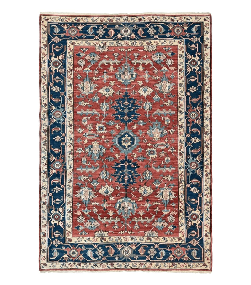 Turkish Flatweave Rug 6x9, Heriz Design, Red and Blue by Jewel Rugs