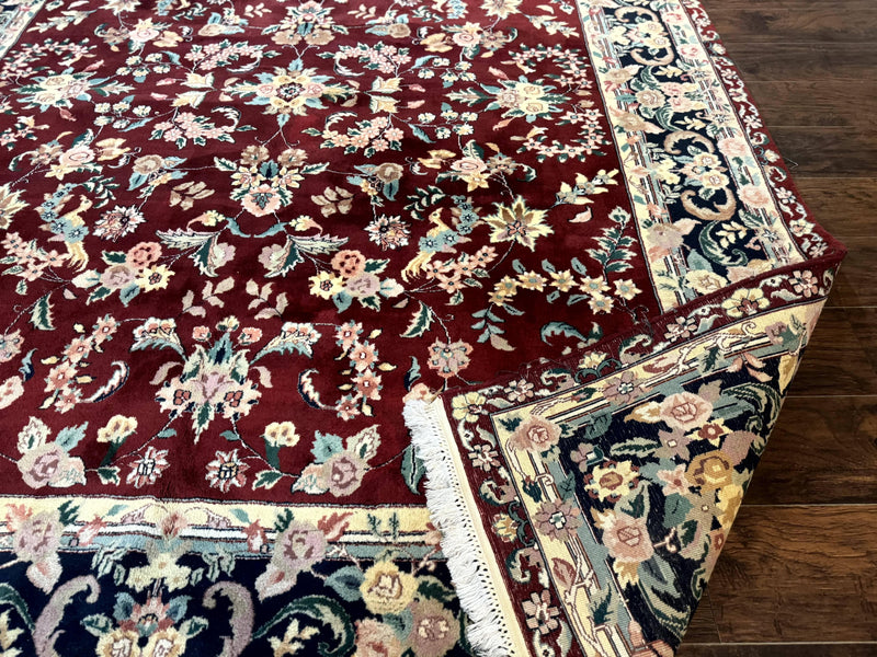 Indo Persian Rug 8x10, Floral Allover with Bird Pictorials, Maroon and Navy Blue, Handmade Wool Area Rug by Jewel Rugs