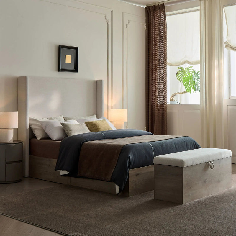 Shelton - Queen Upholstered Wingback Bed With 54" High Headboard - Ivory / Light Gray / Camel Oak by Unique Piece Furniture