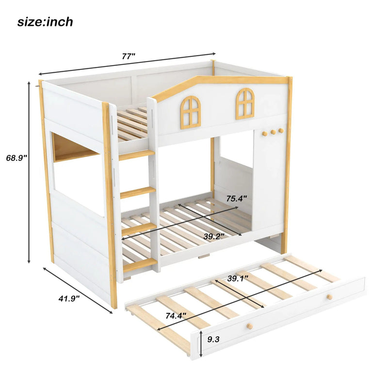 Bunk Bed With House Shaped Guardrails, Storage Shelves, And Trundle by HouseOfZazla