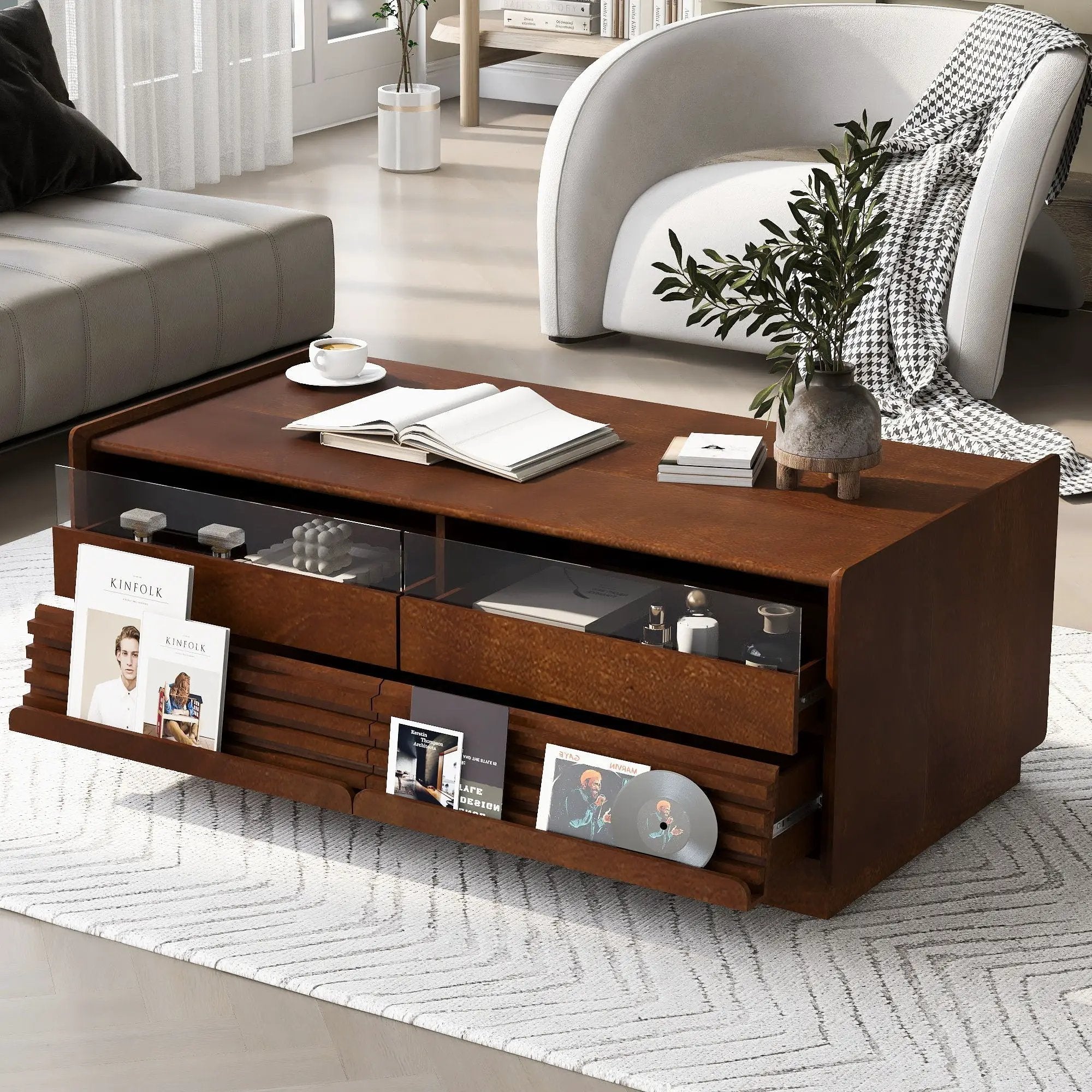 Modern Rectangle Coffee Table With 4 Drawers And 2 Display Shelves by Unique Piece Furniture