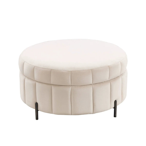 Upholstered Round Ottoman With Reversible Lid, Channel Tufted Pumpkin Shape
