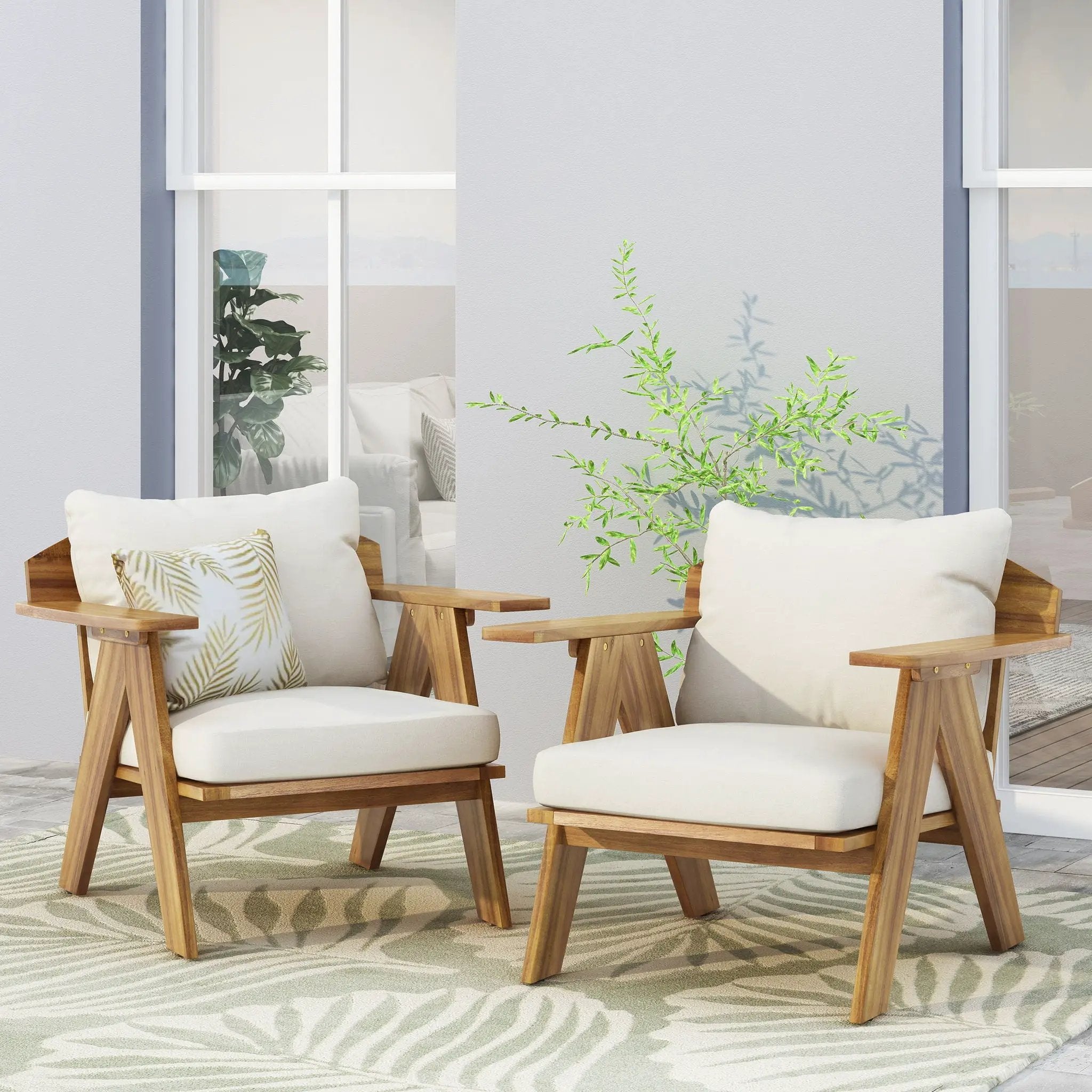 Outdoor Acacia Wood Club Chairs With Cushions (Set of 2) - Teak / Beige by HouseOfZazla