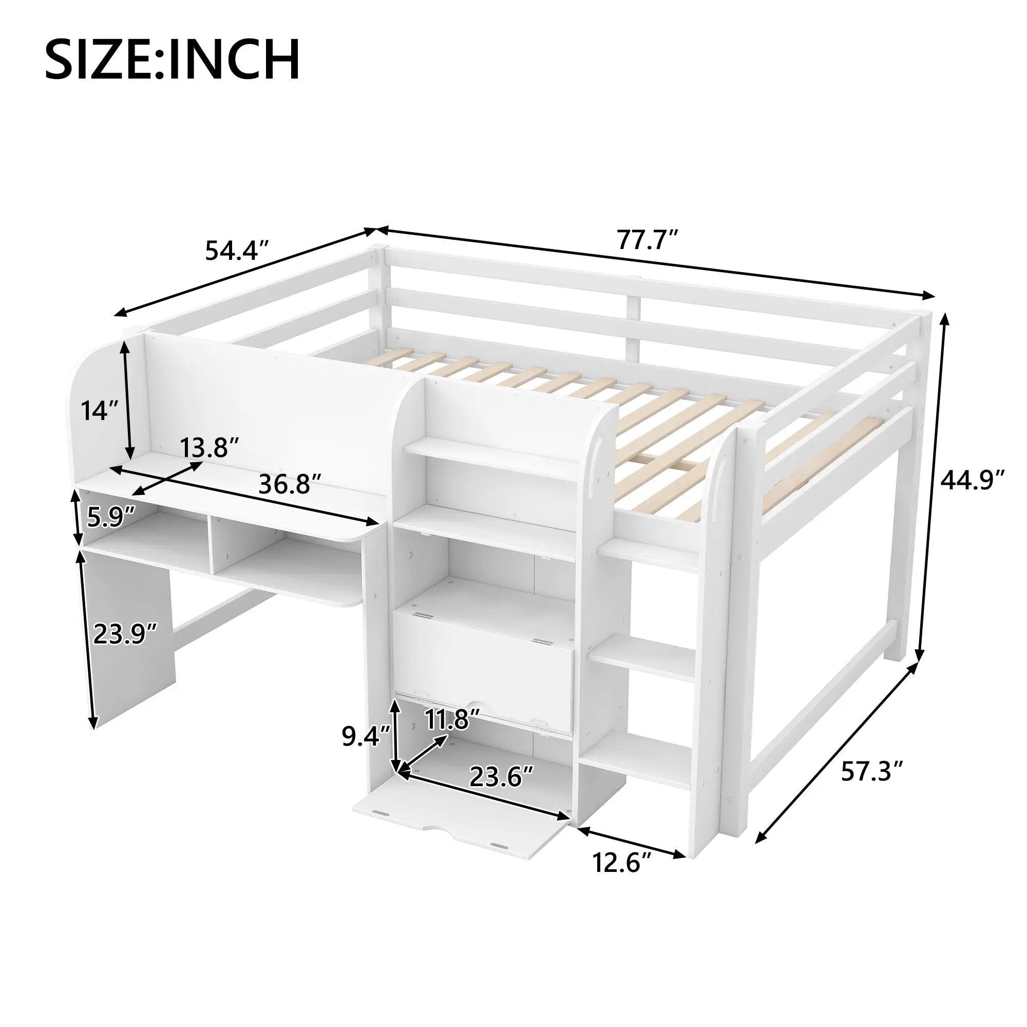 Low Loft Bed With Built In Desk, Storage Cabinets, Open Bookcase And Doodle board by Unique Piece Furniture