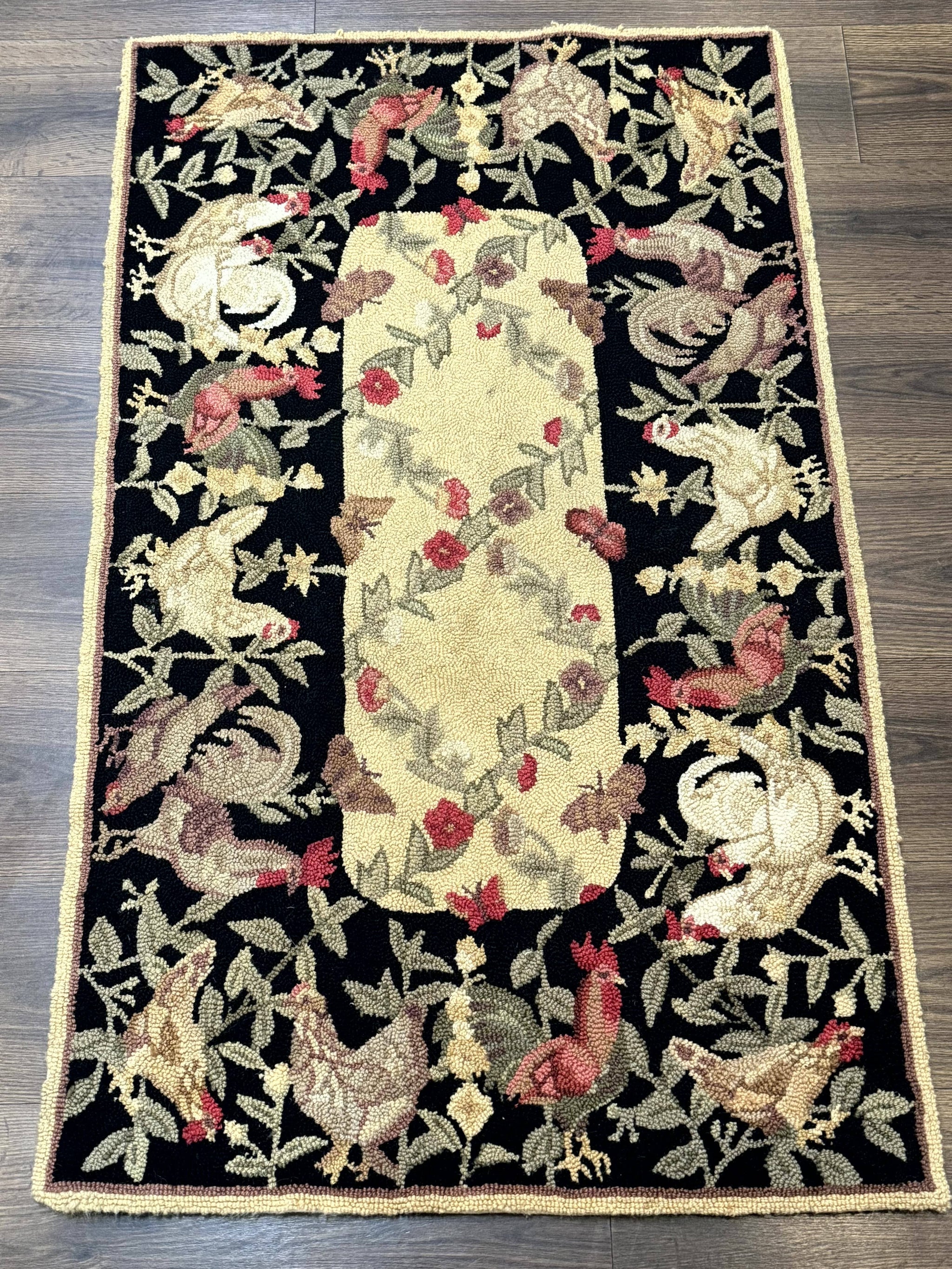 Small Vintage Hooked Rug, Roosters, Handmade, Wool by Jewel Rugs