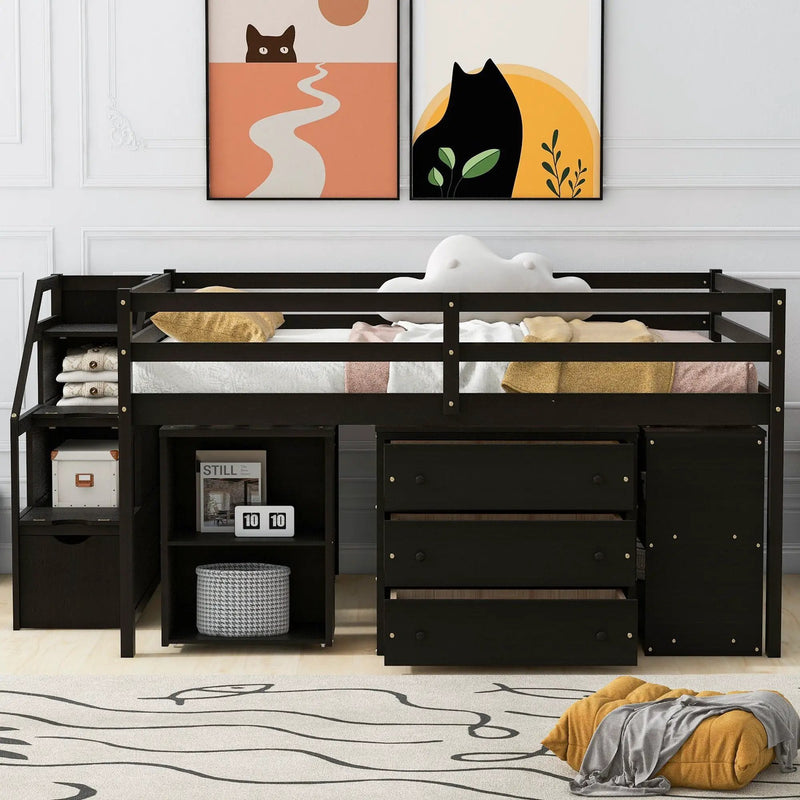 Loft Bed With Retractable Writing Desk And 3 Drawers With Storage Stairs And Shelves by Unique Piece Furniture