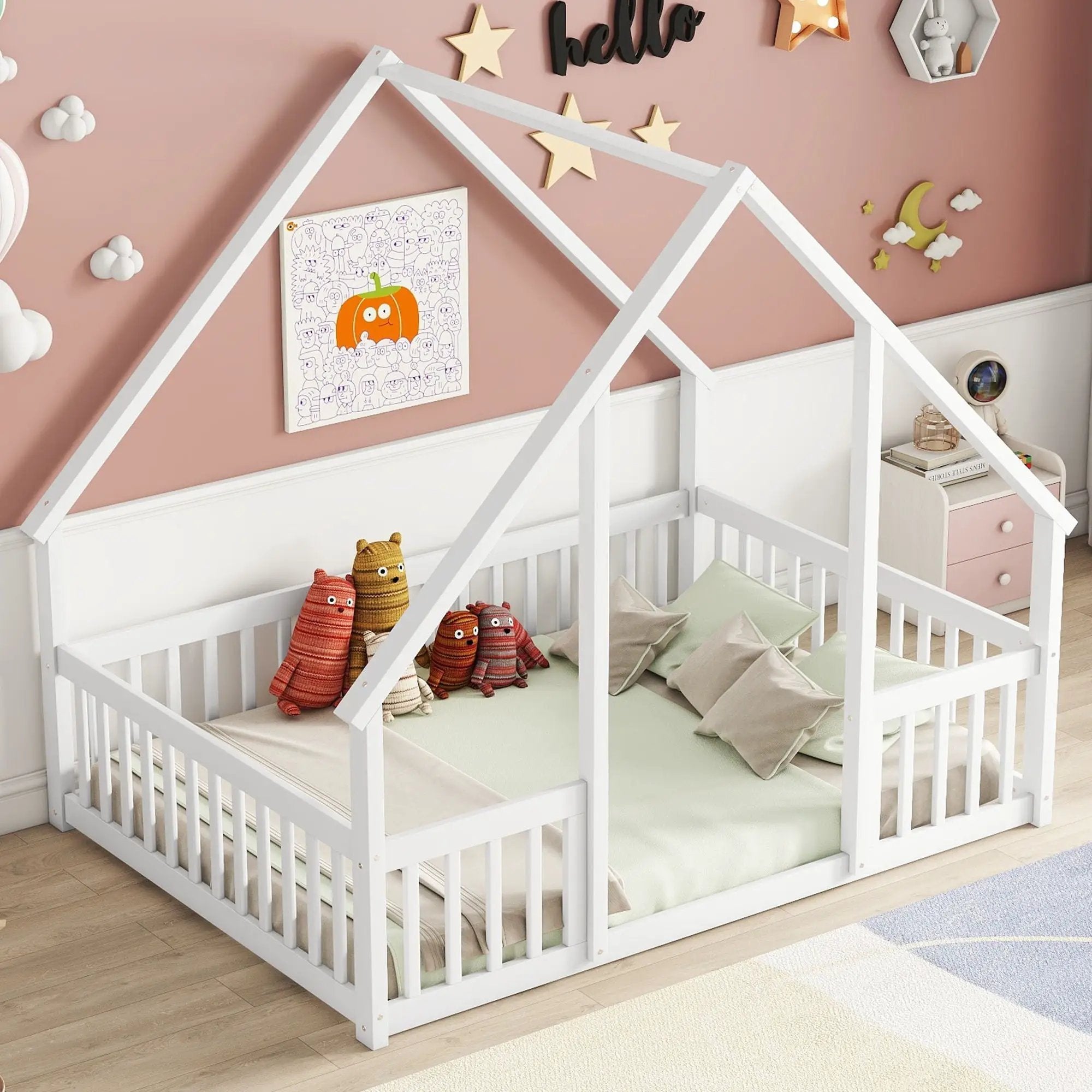 Wood House-Shaped Floor Bed With Fence, Guardrails by Unique Piece Furniture