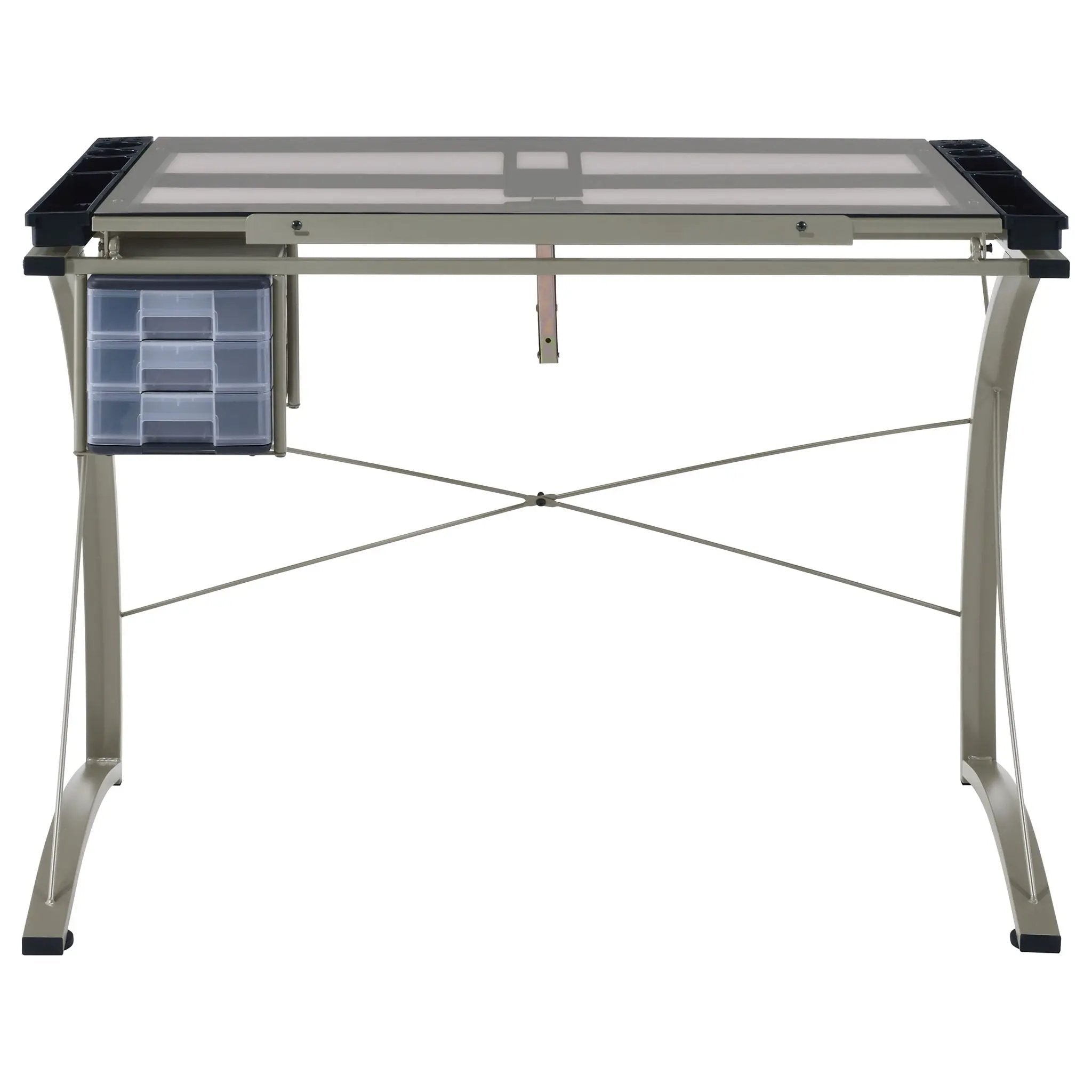 Melo 41-inch Glass Top Drafting Table with Storage Silver by Unique Piece Furniture