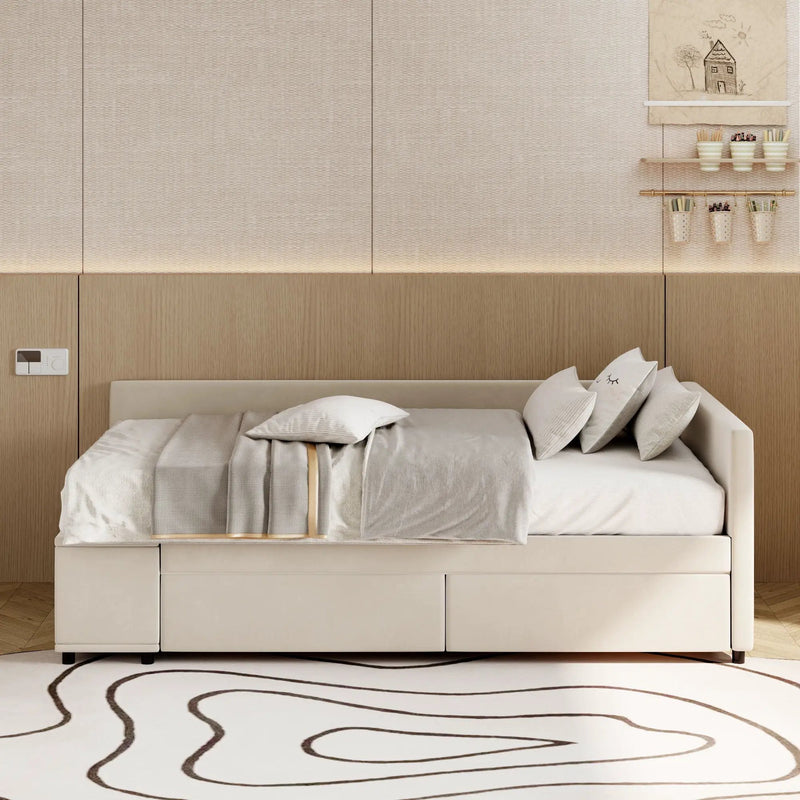 L Shaped Upholstered Platform Bed With Storage And Drawers by HouseOfZazla