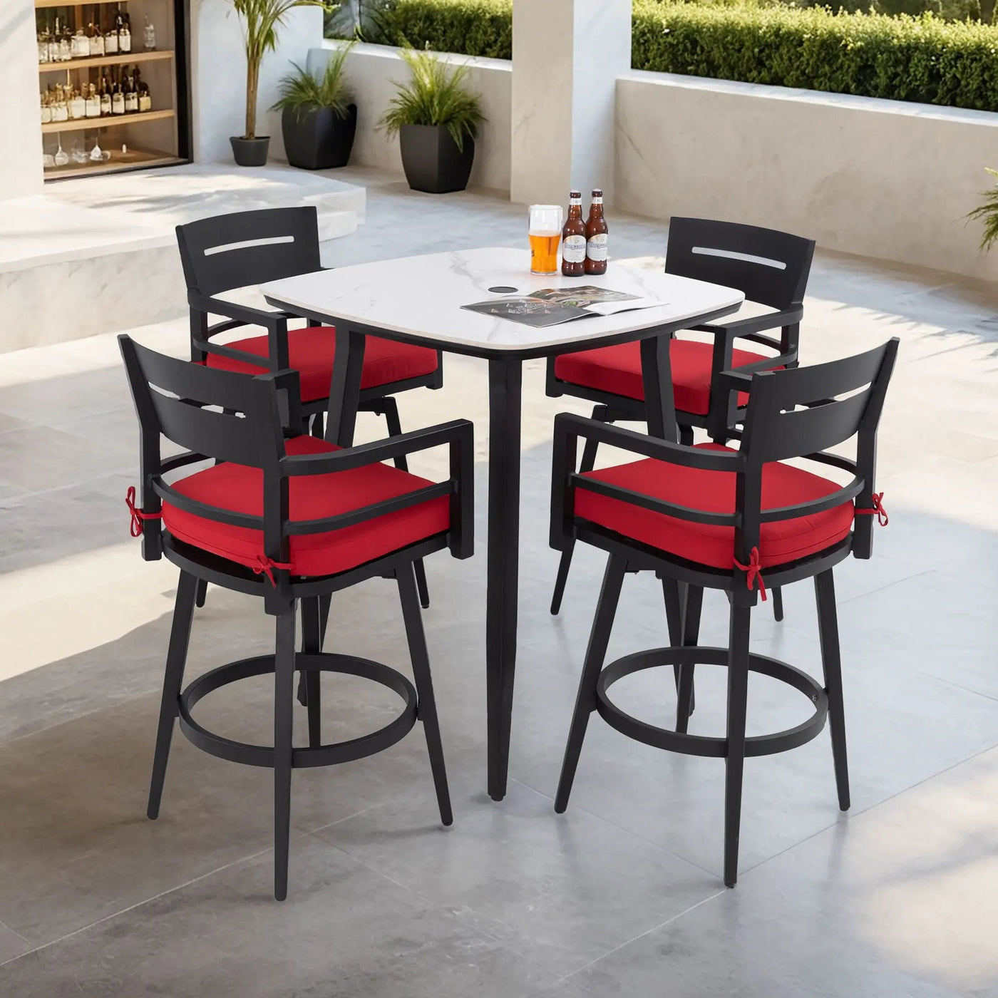 5 Pieces Outdoor Patio Bar Set, Rounded Square Sintered Stone Table & 4 Swivel Bar Chairs by HouseOfZazla