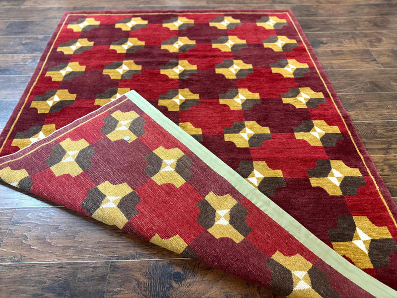 Modern Tibetan Rug 5 x 6.8, Wool, Red, Allover Pattern, Nepali Rug, Abstract Rug, Handmade Area Rug by Jewel Rugs