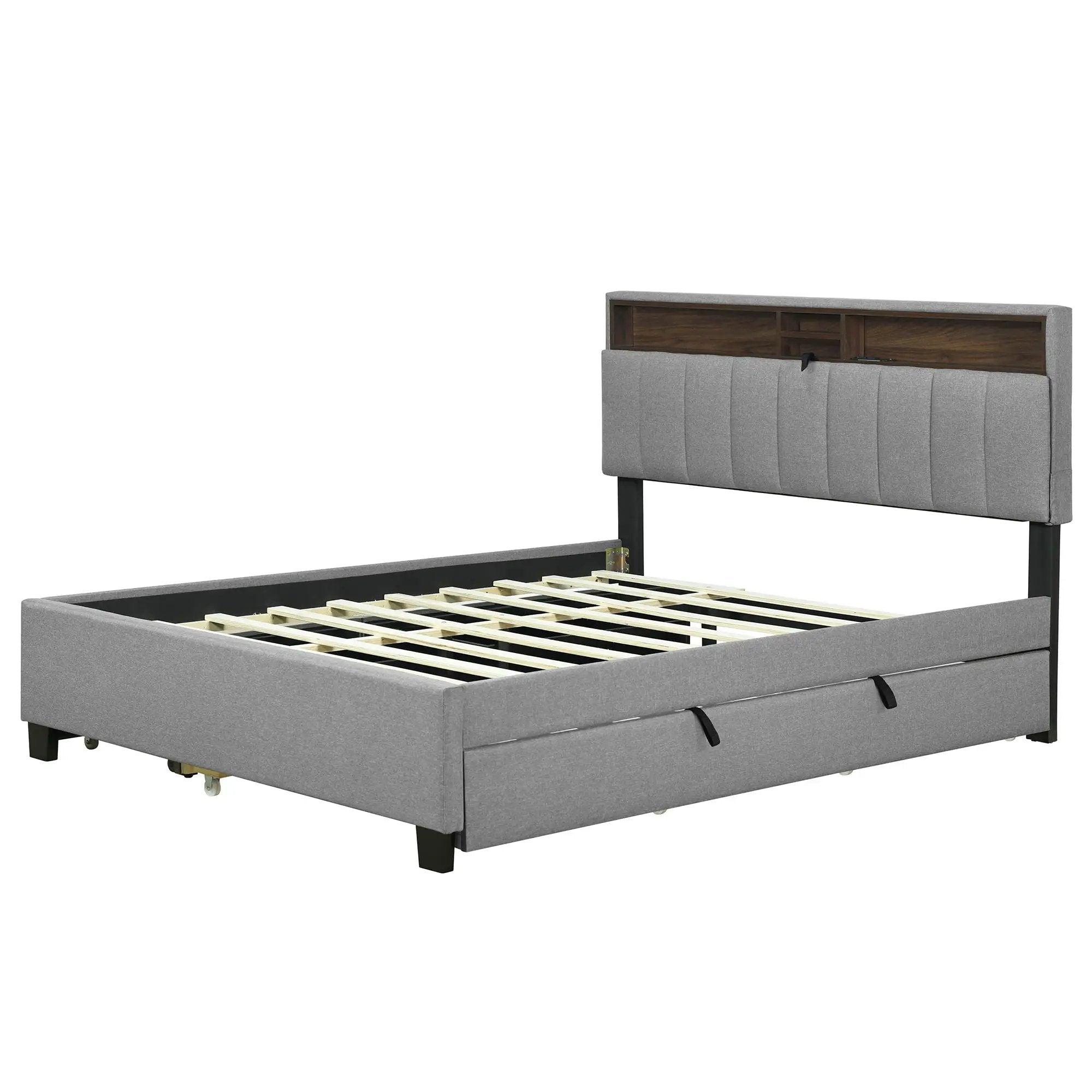 Upholstered Platform Bed With Storage Headboard, Trundle & 2 Drawers And A Set Of Sockets & USB Ports by HouseOfZazla
