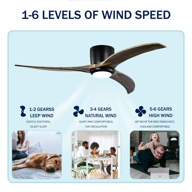 52" Flush Mount Solid Wood Blades Ceiling Fan with Lights and Remote Control by HouseOfZazla