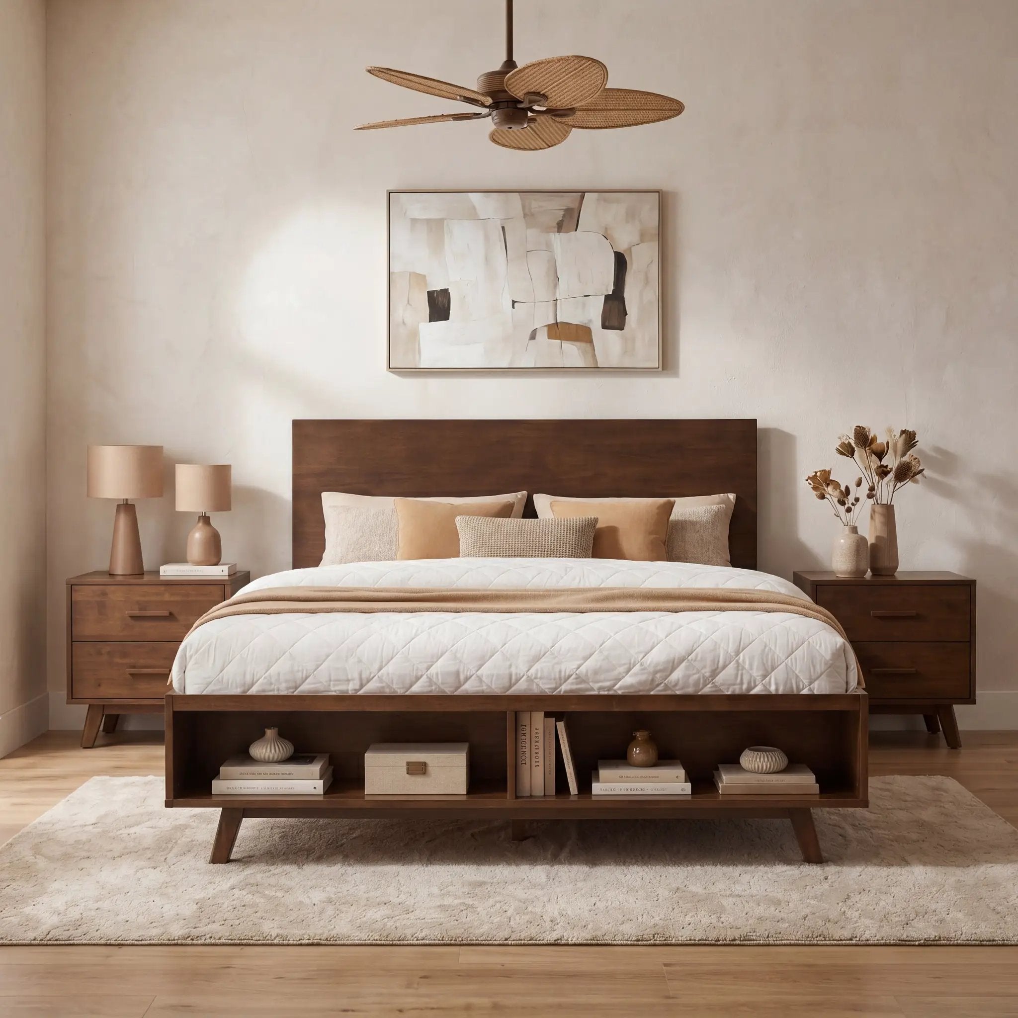 Walnut Queen Size Platform Bed Frame with Footboard Storage by HouseOfZazla