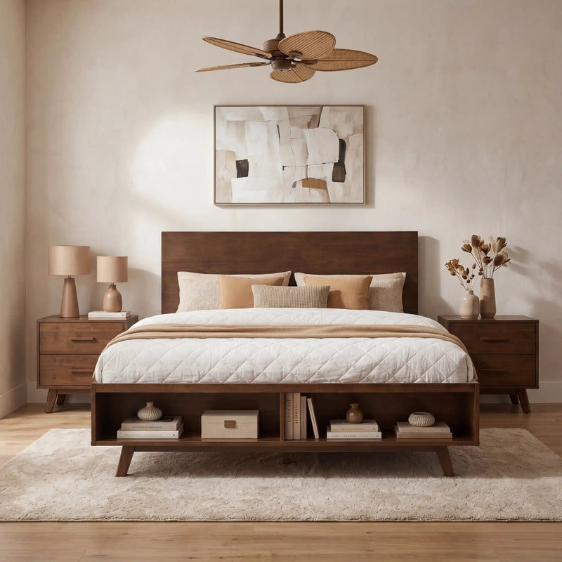 Walnut Queen Size Platform Bed Frame with Footboard Storage by HouseOfZazla