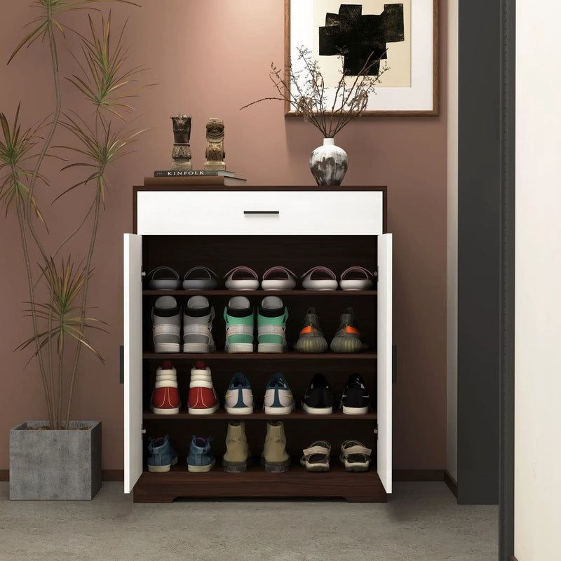 Freestanding Wooden Shoe Cabinet, 4 Tier Organizer With Drawer by HouseOfZazla