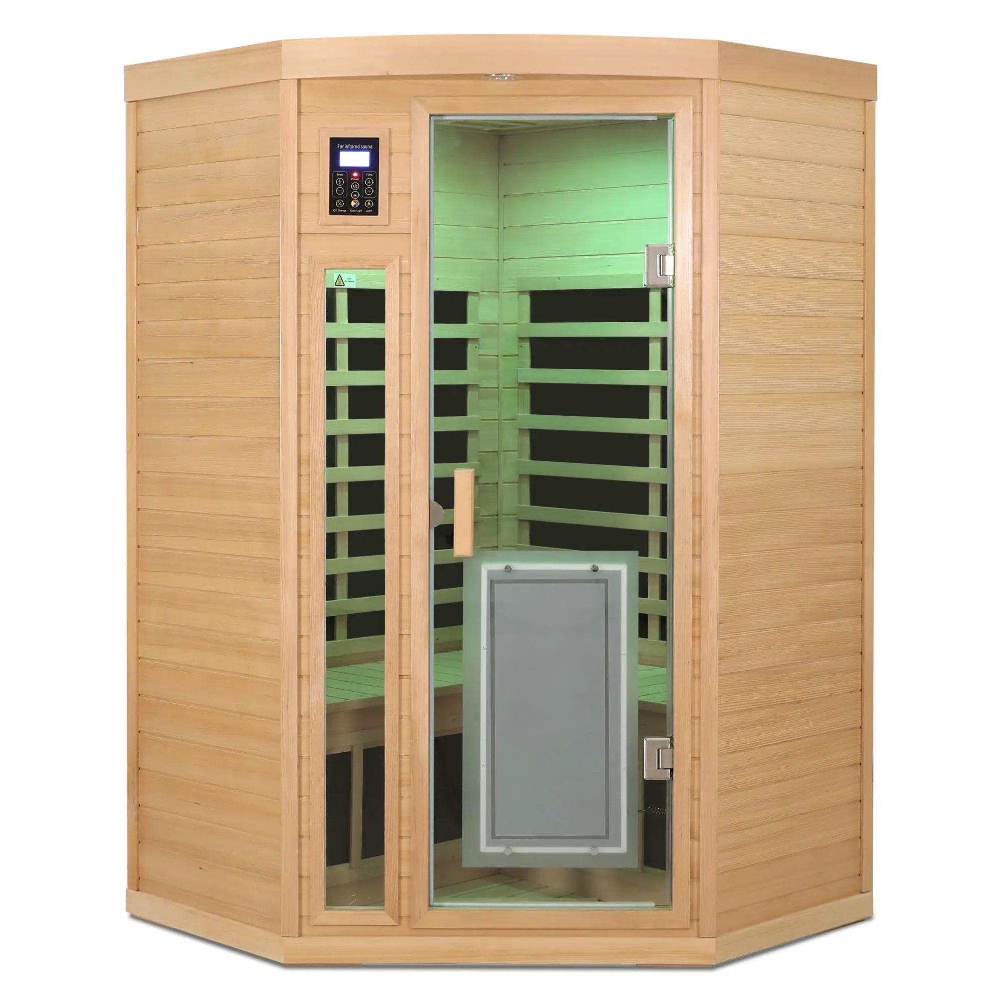 Low Emf Front Door With Heating Panel 2 Persons Hemlock Far Infrared Corner Indoor Sauna Room - Natural by HouseOfZazla