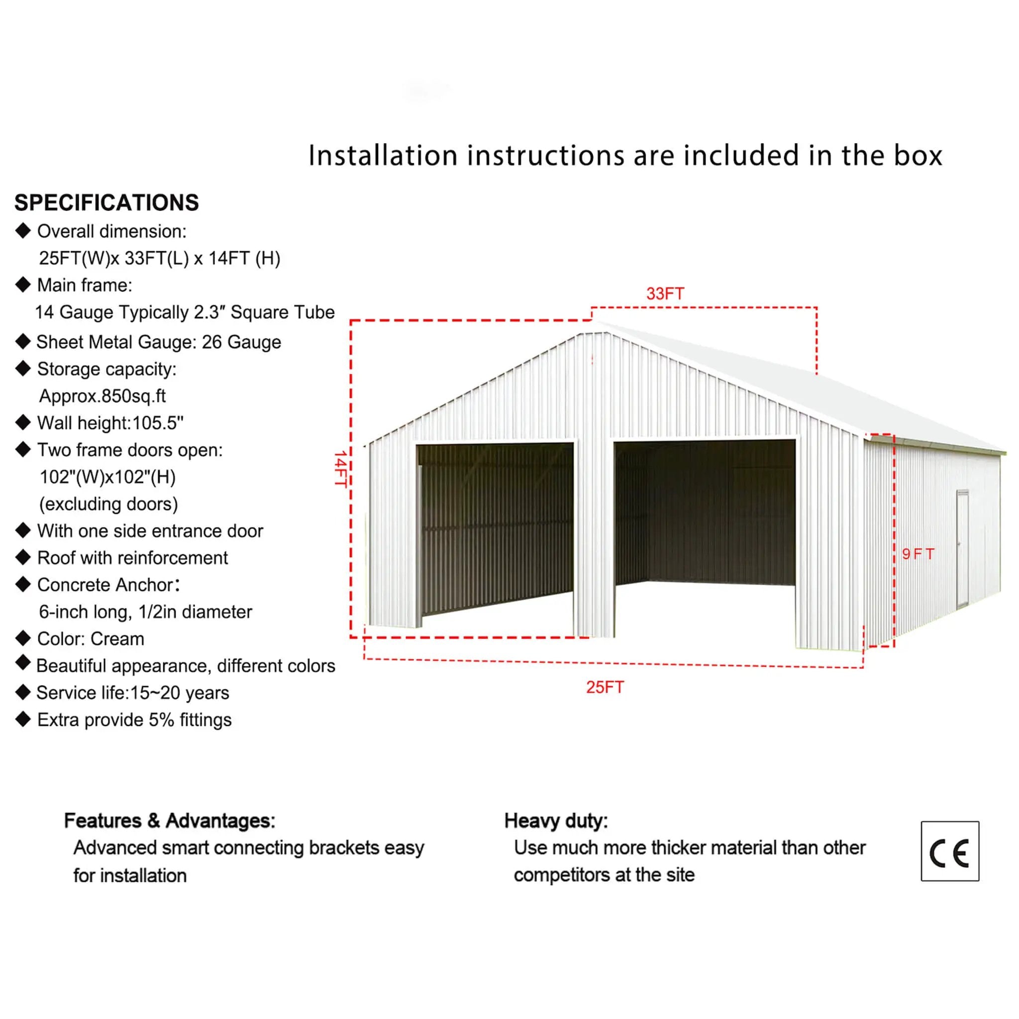 [25X33FT] Alora Heavy-Duty Double Garage Galvanized Steel Barn Shed (SAK61234) by SAKSBY WHOLESALE