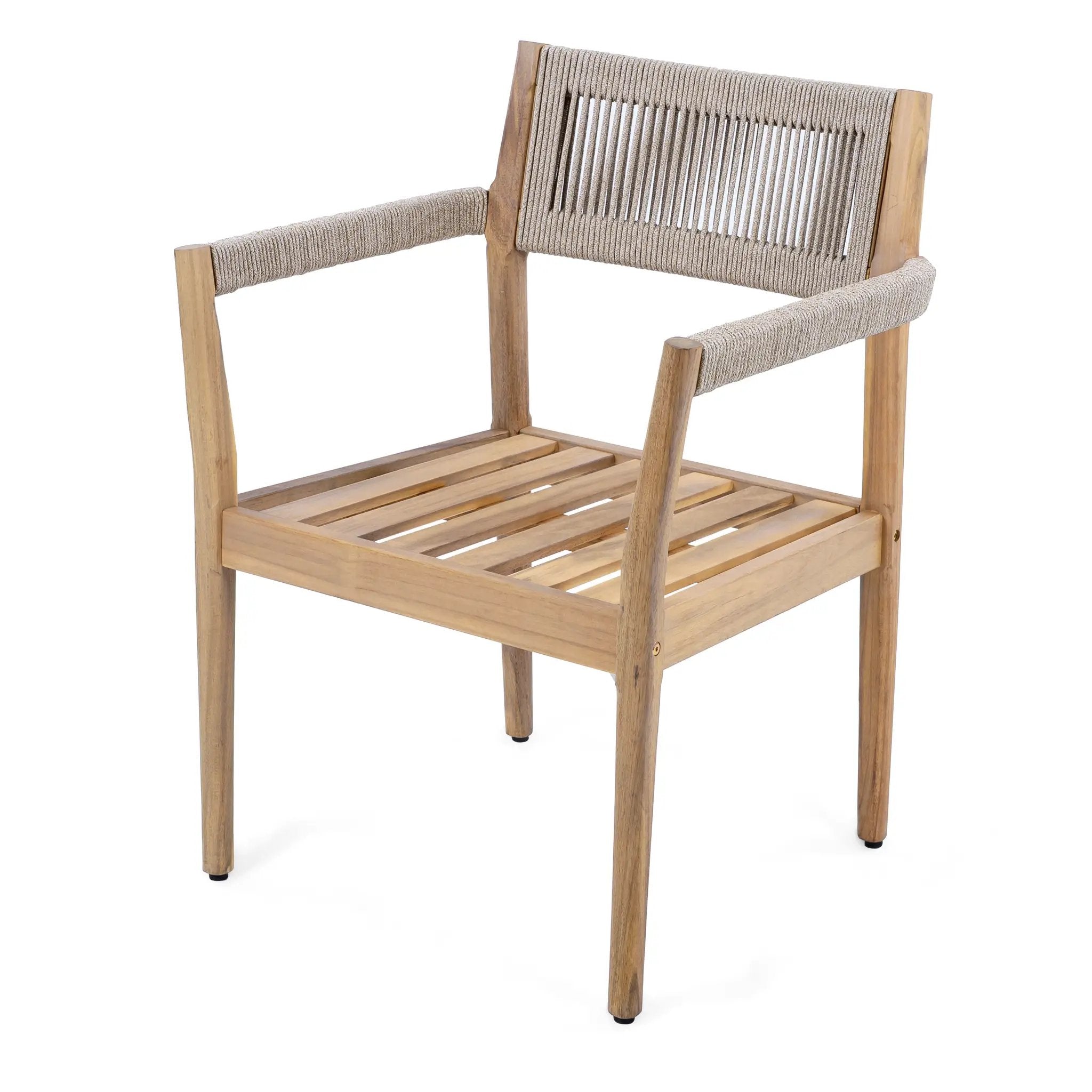 Braided Acacia Wood Outdoor Dining Chairs Set of 2 – Teak Look with Beige Rope & Cream Cushions by HouseOfZazla