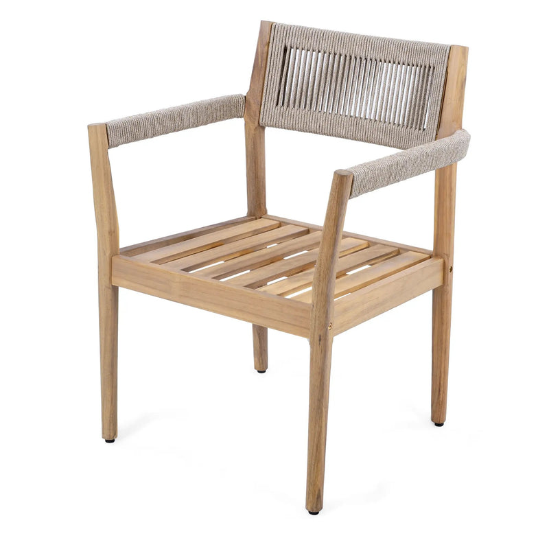 Braided Acacia Wood Outdoor Dining Chairs Set of 2 – Teak Look with Beige Rope & Cream Cushions by HouseOfZazla
