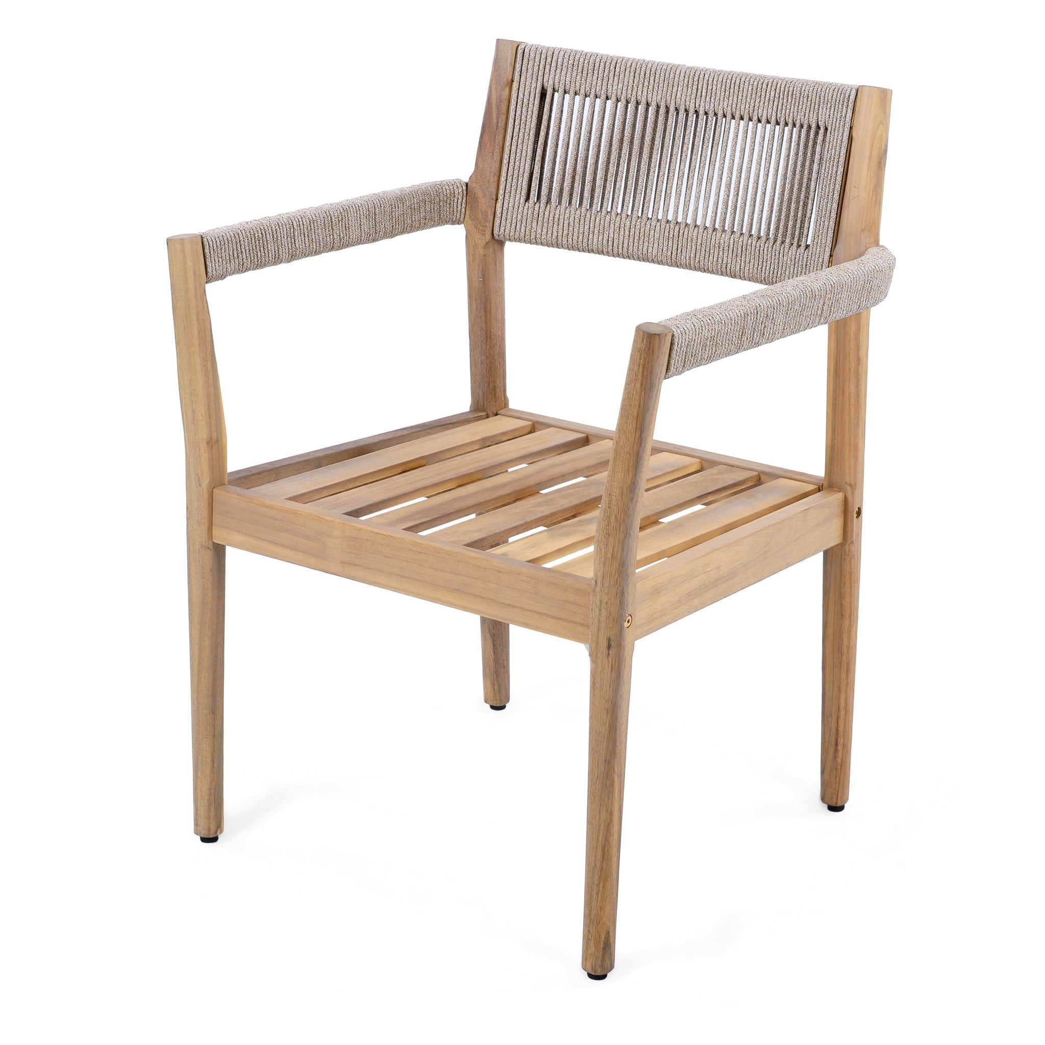 Braided Acacia Wood Outdoor Dining Chairs Set of 4 – Teak Look with Beige Rope & Cream Cushions by HouseOfZazla