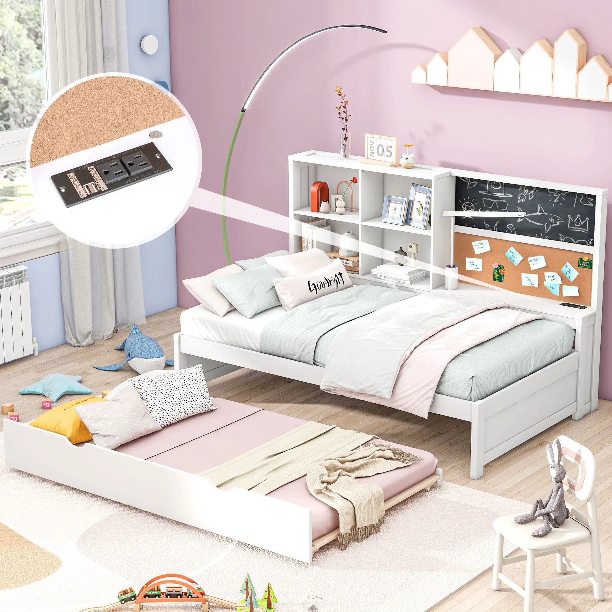 Twin Size Daybed With Storage Shelvesboard, Cork Board, USB Ports And Trundle - White by HouseOfZazla