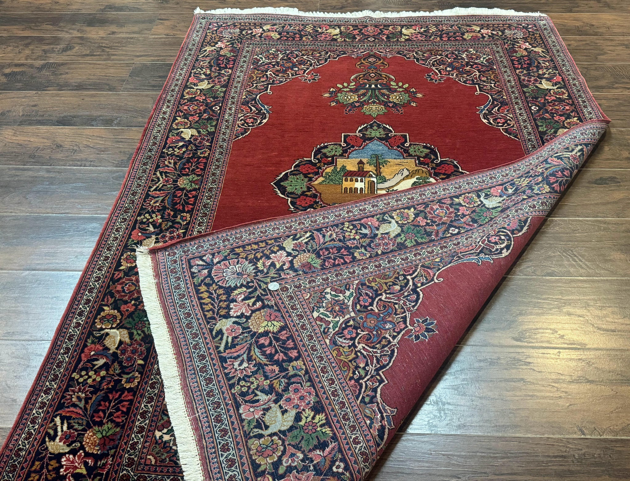 Red Persian Kashan Rug 4x6, Very Fine 260 KPSI, Red and Navy Blue Persian Carpet, Semi Open Field by Jewel Rugs