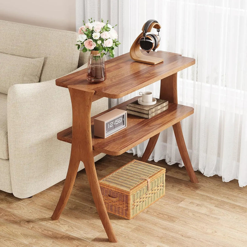 Narrow 2 Tier Side Slim Accent Table For Living Bedroom Or Entryway, Space Saving Furniture With Storage Shelf - Walnut by HouseOfZazla