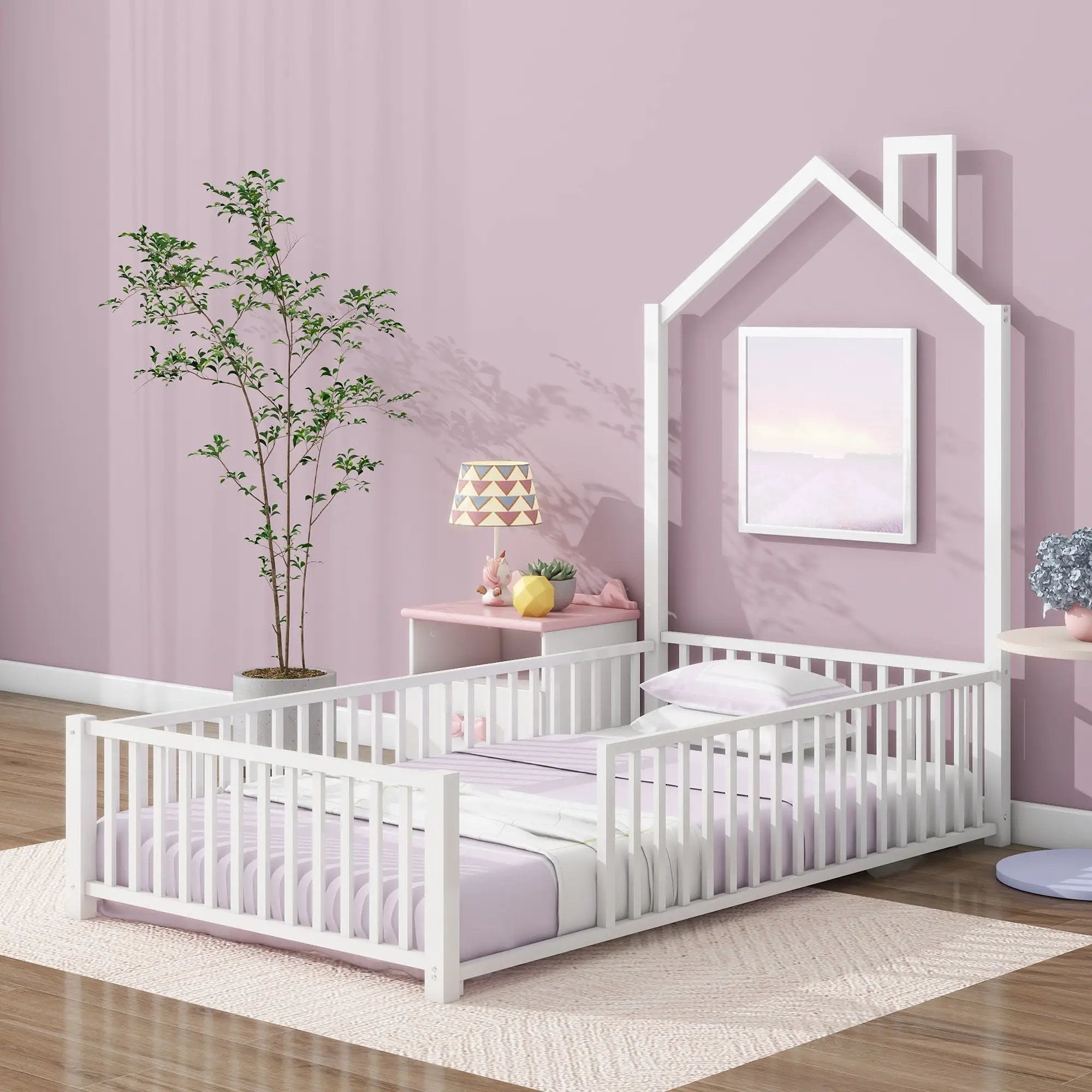 Metal House Platform Bed With Guardrail And Chimney by HouseOfZazla