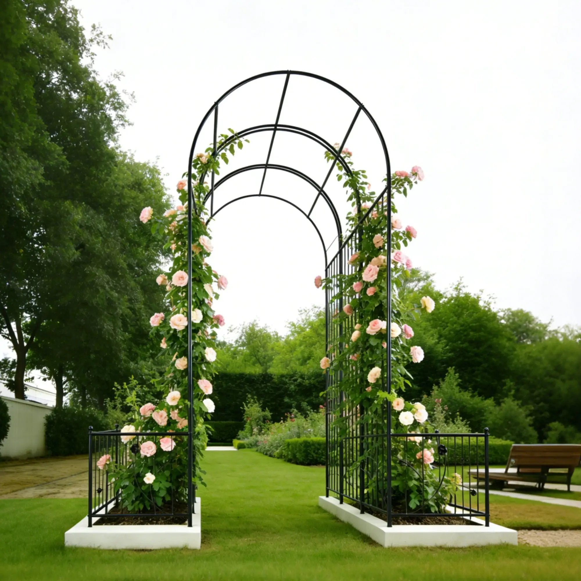 Metal Garden Arch With Two Plant Stands Wide High Climbing Plants Support Rose Arch Outdoor - Black by Unique Piece Furniture