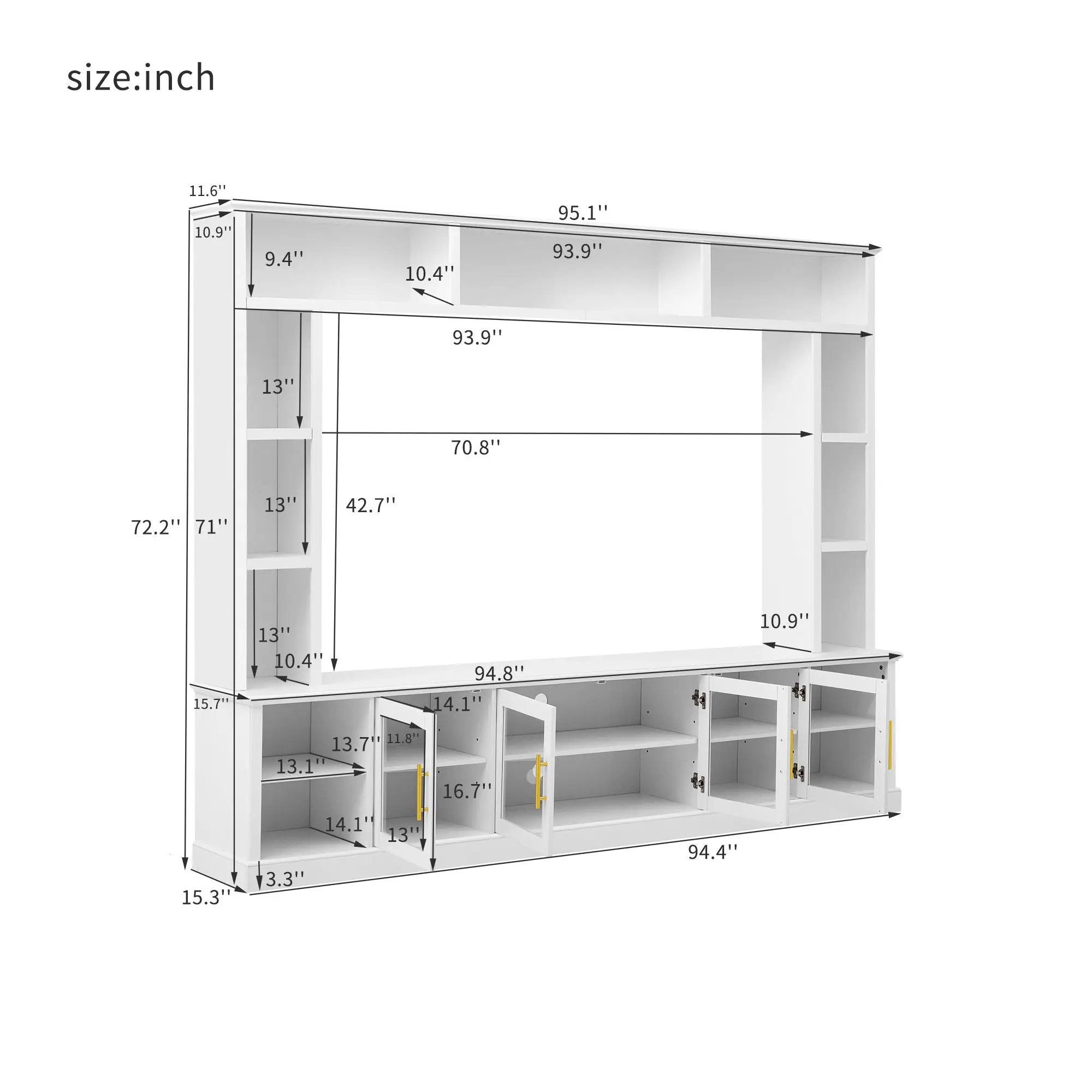 All-In-One Entertainment Center With Bookshelves & Tempered Glass Doors, TV Console Unit For Living Room by Unique Piece Furniture