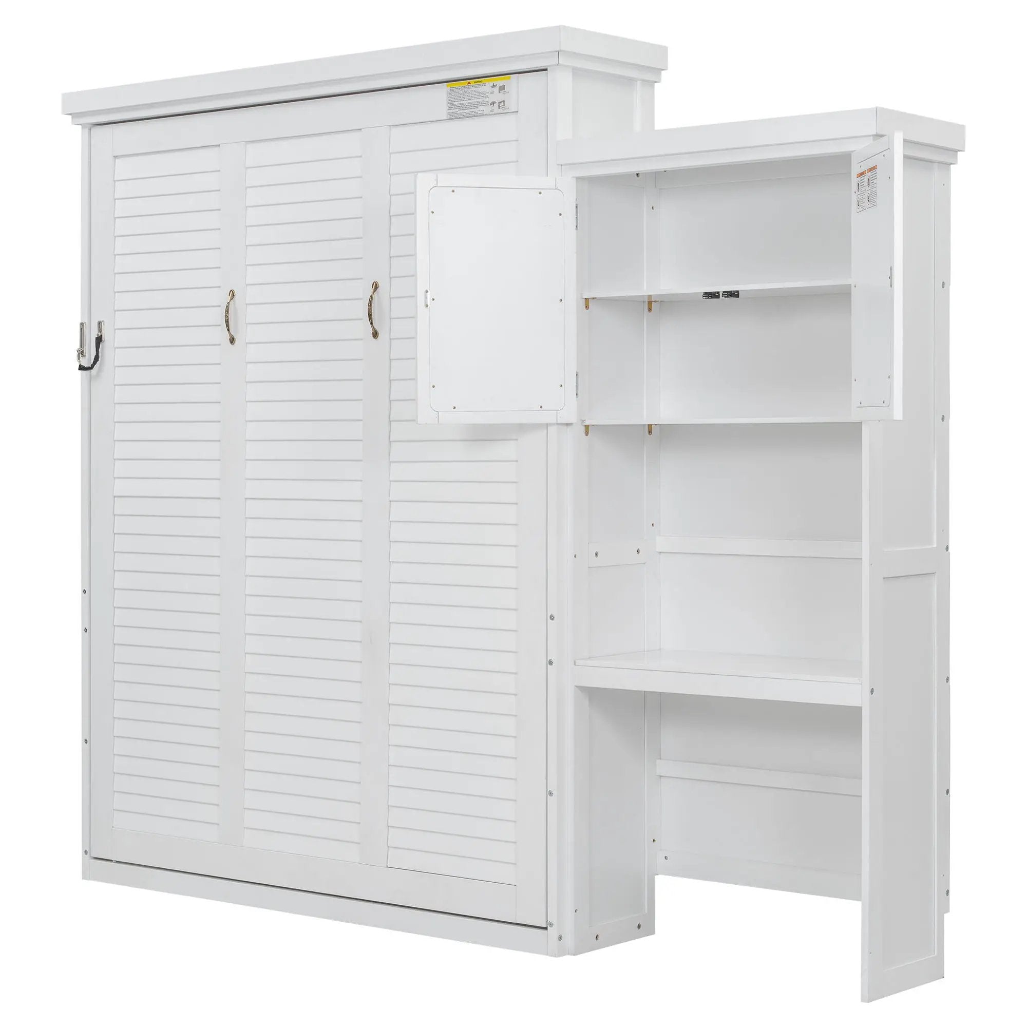 Queen Size Murphy Bed With Louvered Design And Multiple Storage Shelves - White by HouseOfZazla