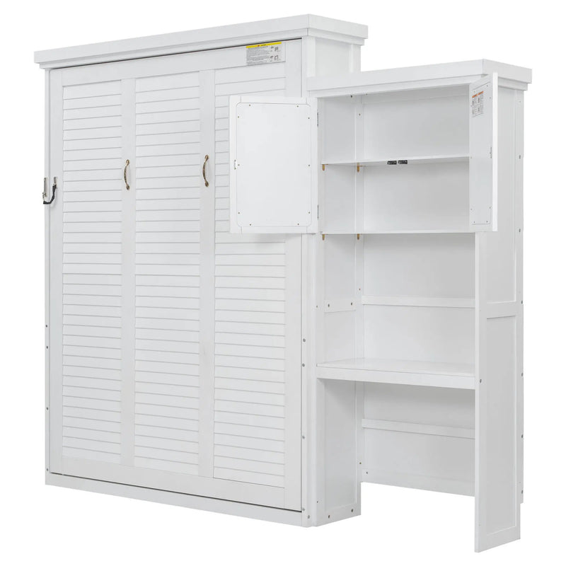 Queen Size Murphy Bed With Louvered Design And Multiple Storage Shelves - White by HouseOfZazla