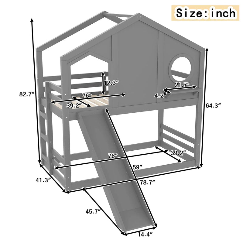 Twin House Bunk Bed with Slide and Storage Shelves by HouseOfZazla