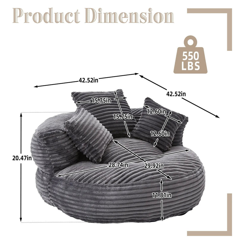 Oversized Bean Bag Chair With 3 Pillows & Armrest - Dark Gray by Unique Piece Furniture