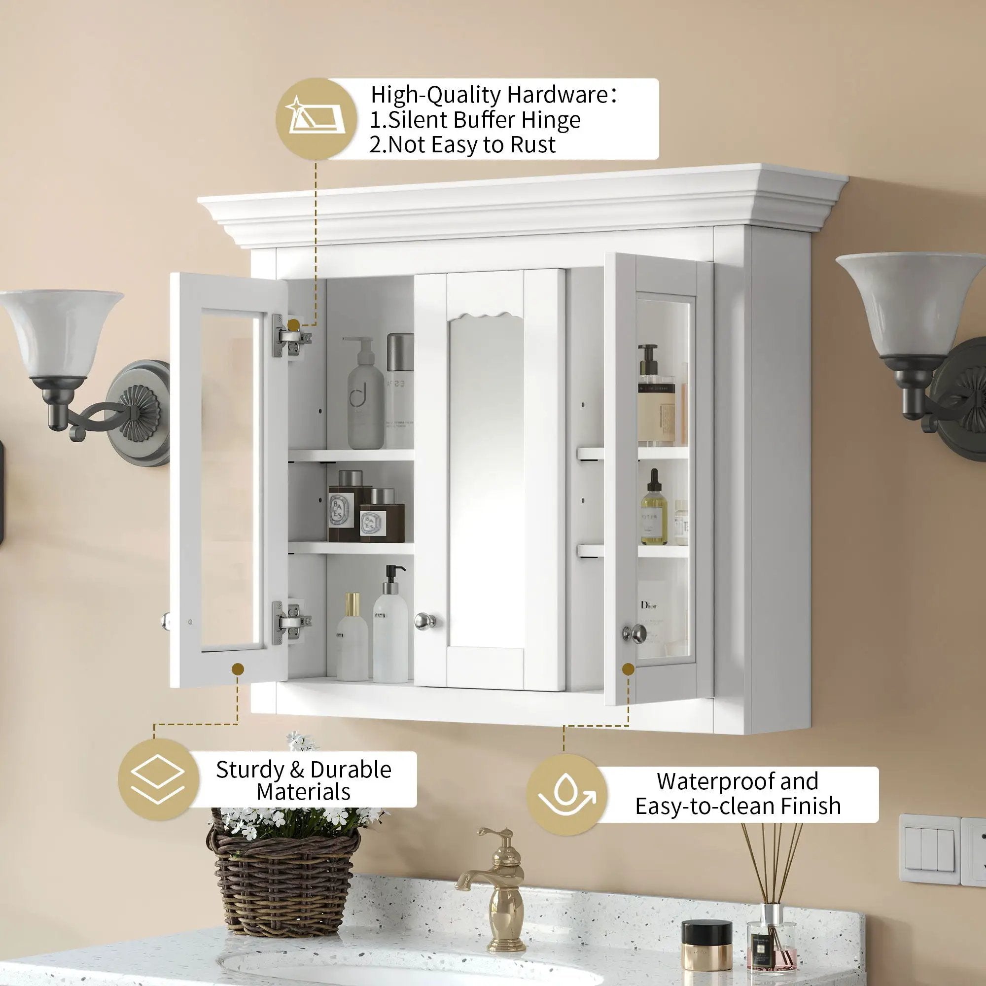 Bathroom Medicine Cabinet With Mirror, 5 Adjustable Closed Shelves, Wall-Mounted - White by Unique Piece Furniture